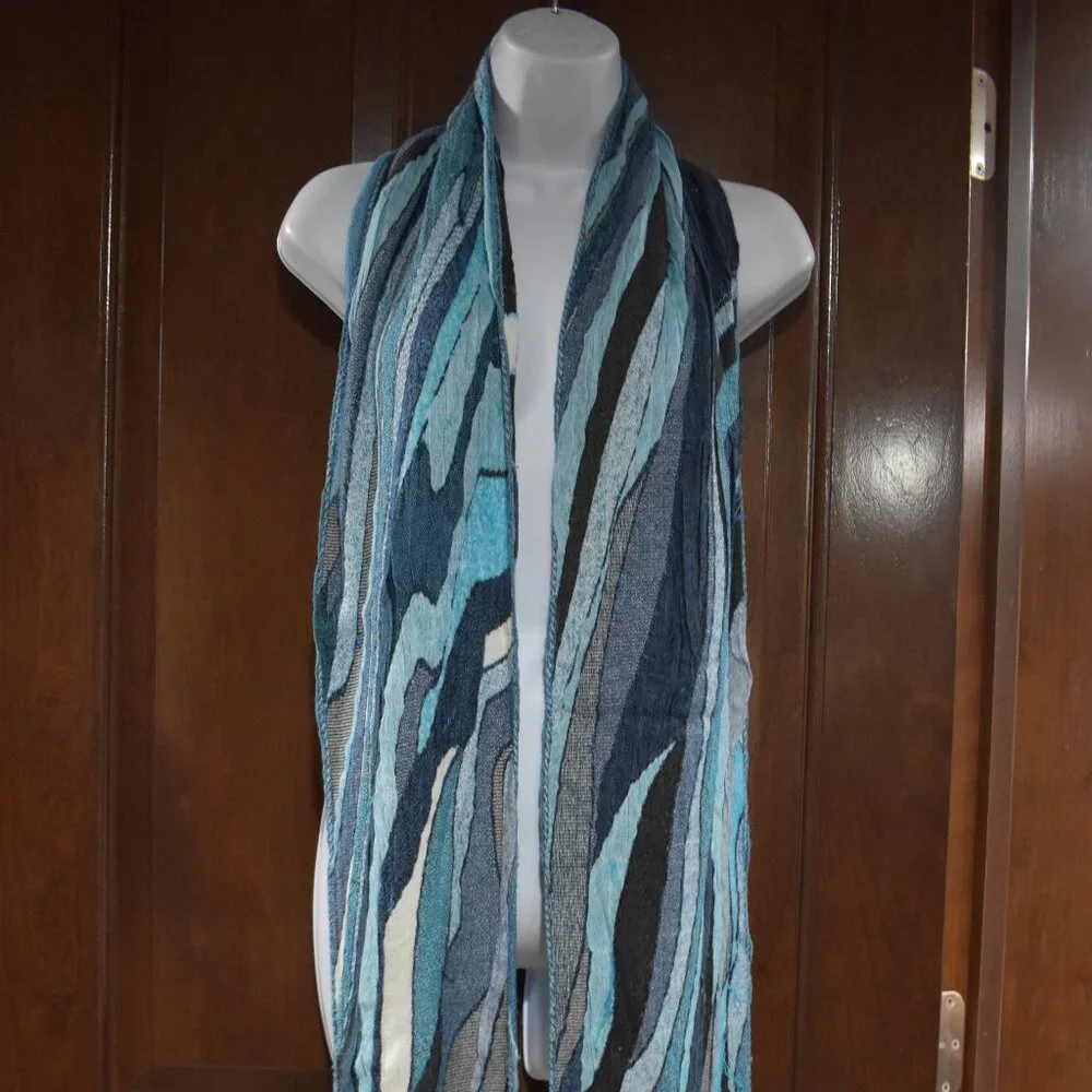 Tolani Blue Black Colorful Long Fringe Scarf